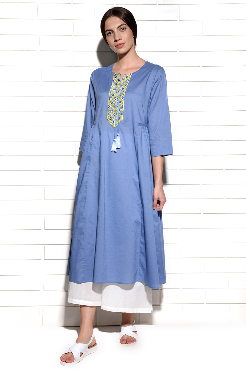 Blueberry Crush Tunic Kurta with embroidery at neck and tassles